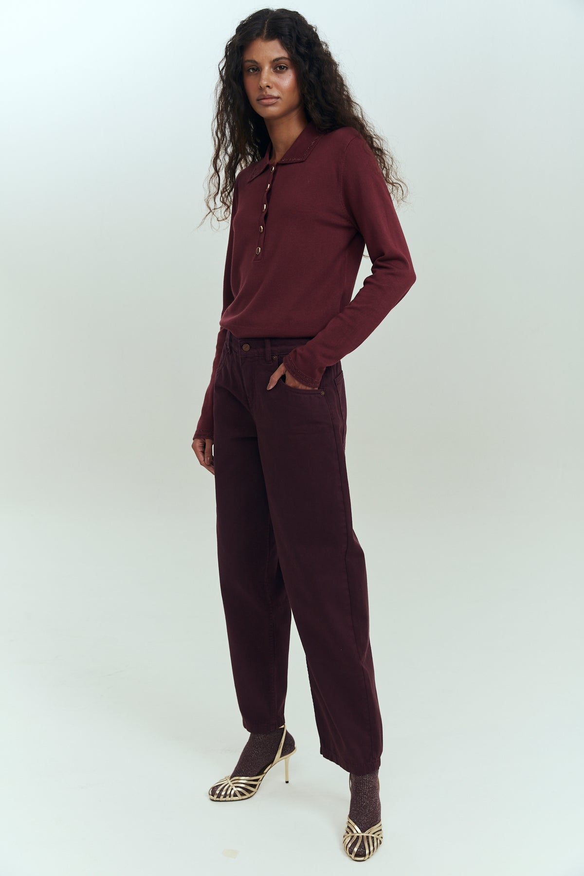 Sweater cuello piqué mujer burdeo nylon viscosa Brick London