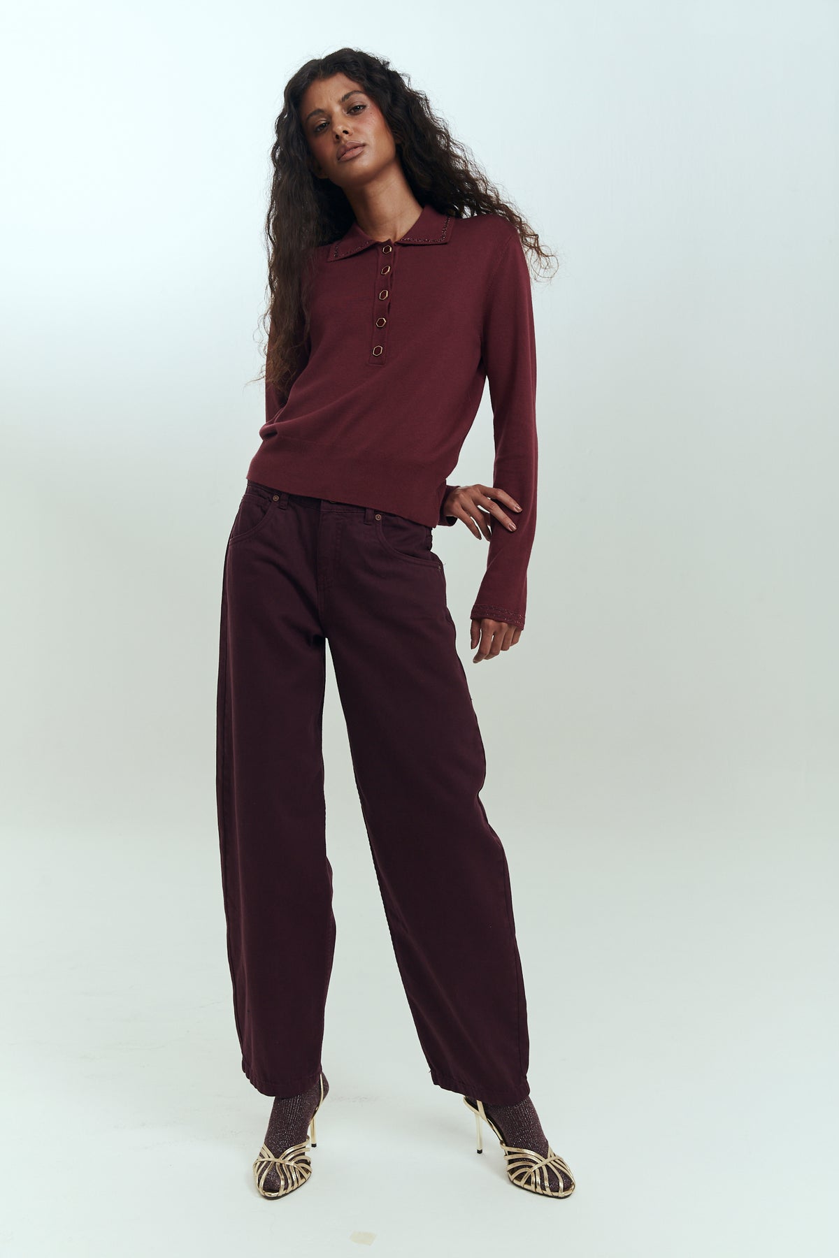 Sweater cuello piqué mujer burdeo nylon viscosa Brick London