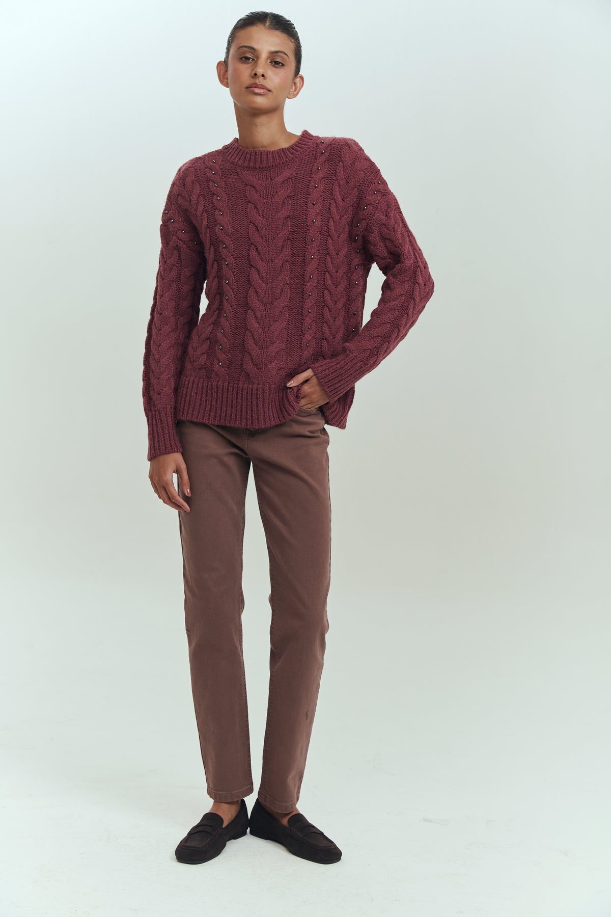 Sweater trenzas mujer mostacillas tejido grueso Brick London