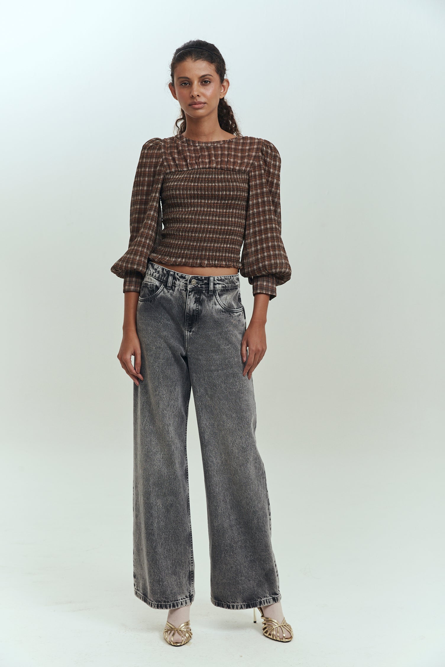 Blusa mujer manga globo estampado checks elegante Brick London