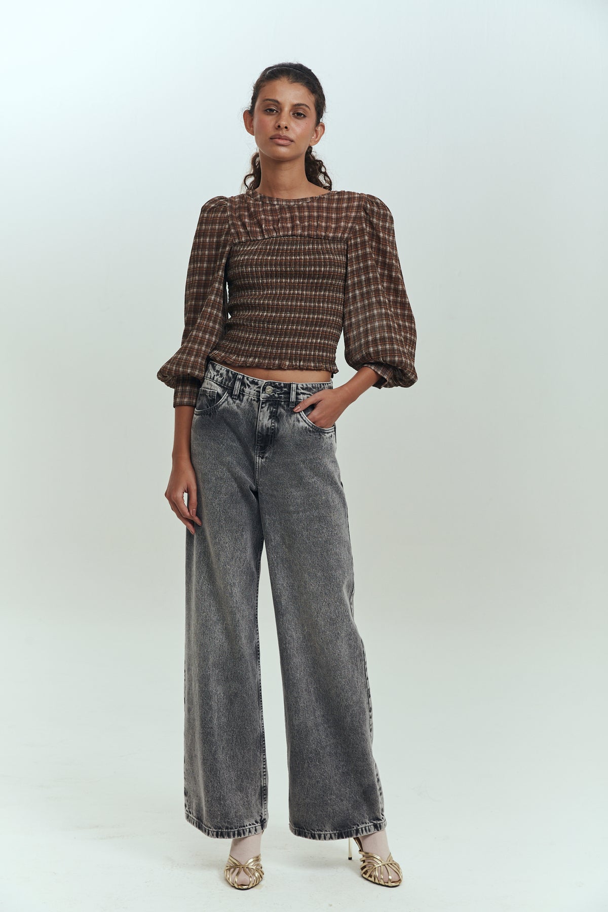 Blusa mujer manga globo estampado checks elegante Brick London