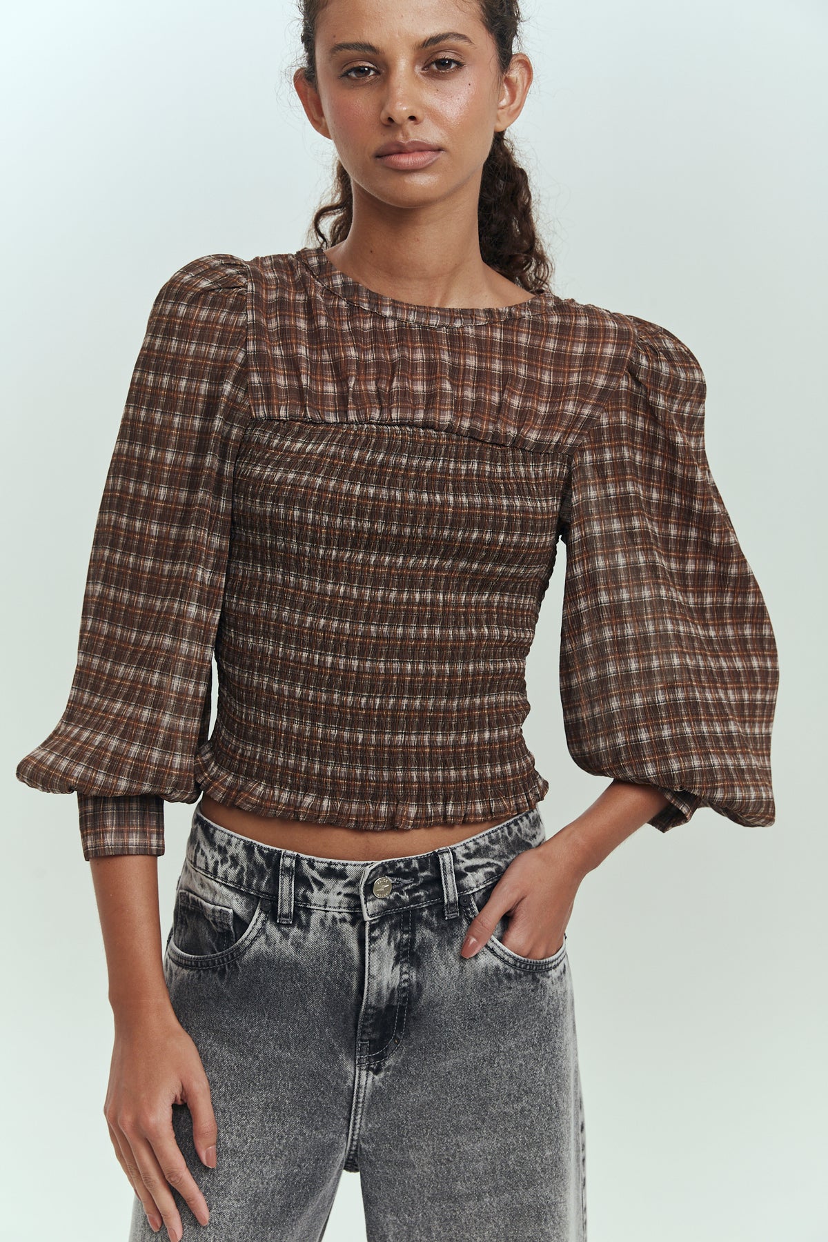 Blusa mujer manga globo estampado checks elegante Brick London