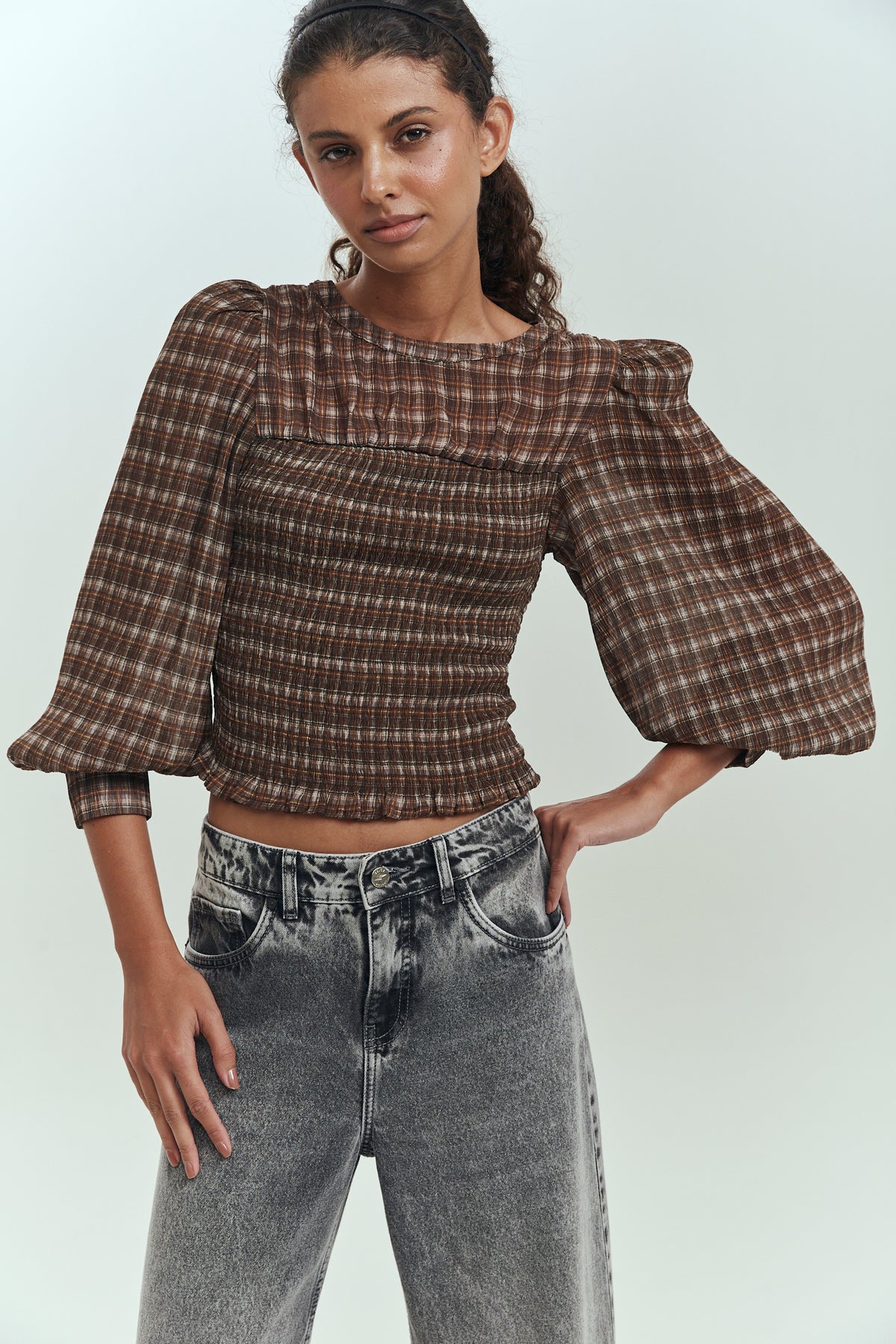 Blusa mujer manga globo estampado checks elegante Brick London