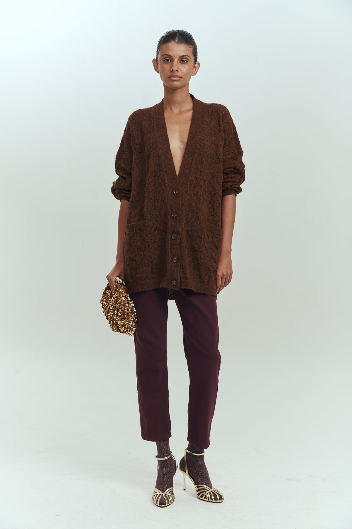 Cárdigan alpaca mujer marrón cuello V bolsillos Brick London