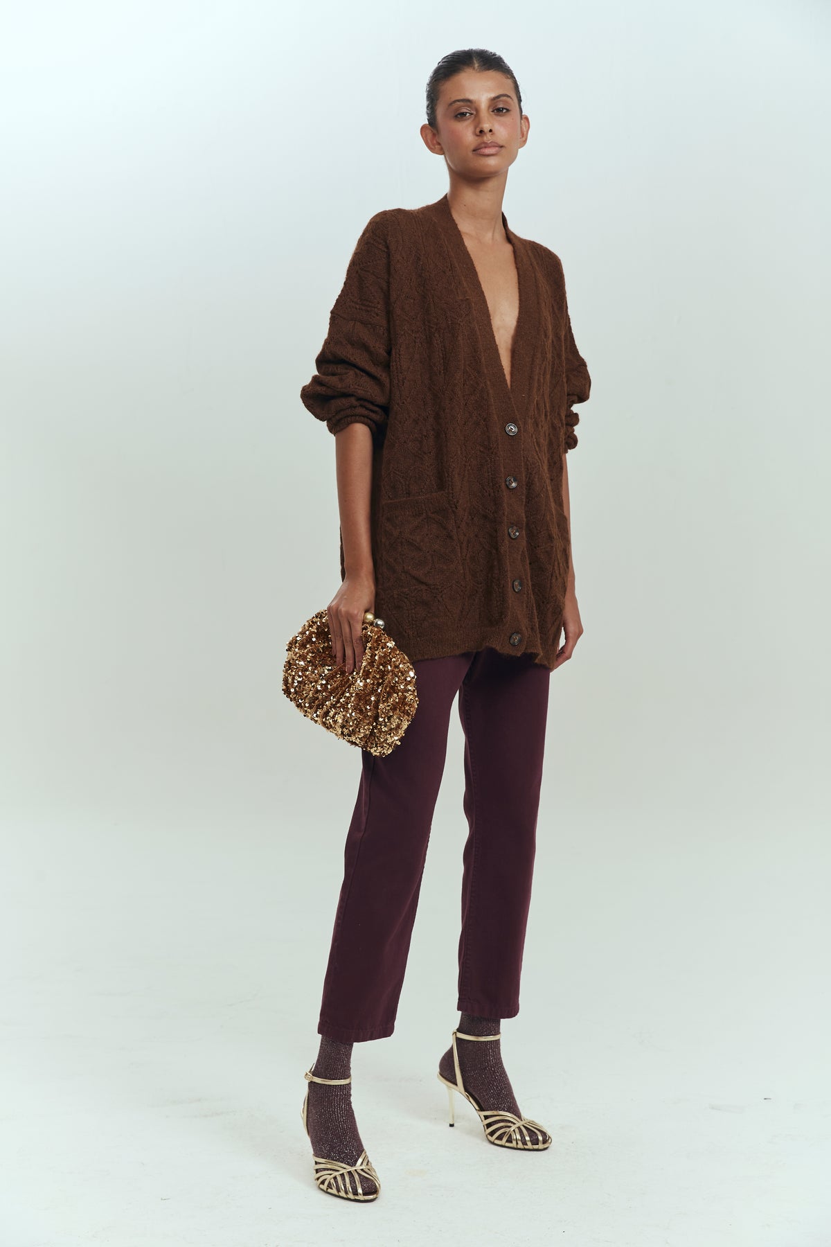 Cárdigan alpaca mujer marrón cuello V bolsillos Brick London