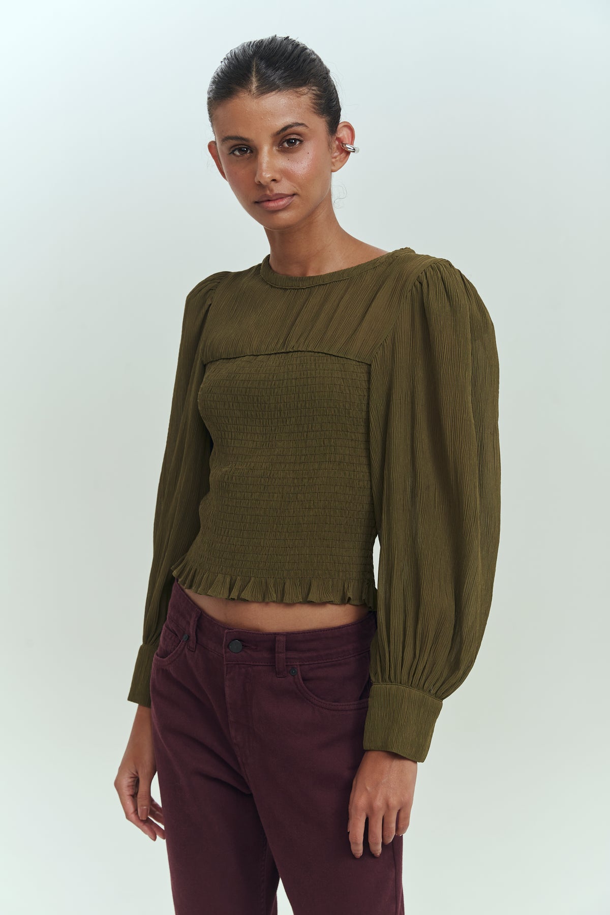 Blusa mujer manga globo estampado olive elegante Brick London